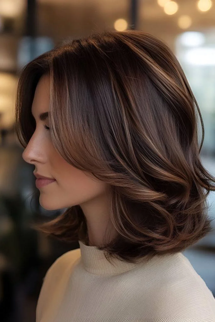 A woman with a shoulder-length brunette haircut featuring soft, blended layers, natural movement, and a smooth blowout, photographed from a three-quarter angle in soft daylight with a clean salon-editorial finish.