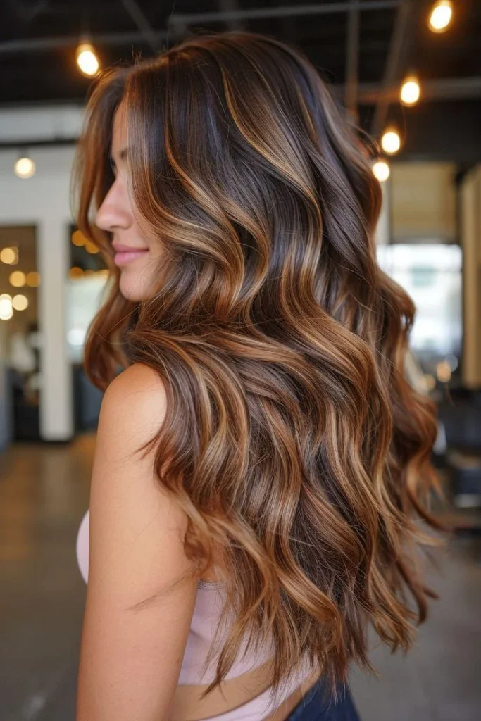 Long brunette hair with warm caramel balayage, softly blended golden-brown ribbons from mid-lengths to ends, loose glossy waves, natural window lighting, and a professional three-quarter back-view salon photograph.