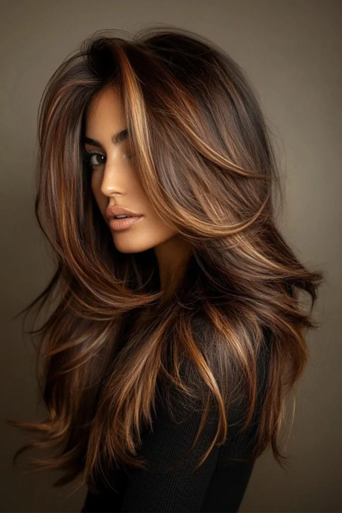 Rich chocolate-brown hair with fine caramel highlights woven throughout, long smooth layers, subtle shine, warm studio lighting, and a close-up rear three-quarter editorial beauty photograph.