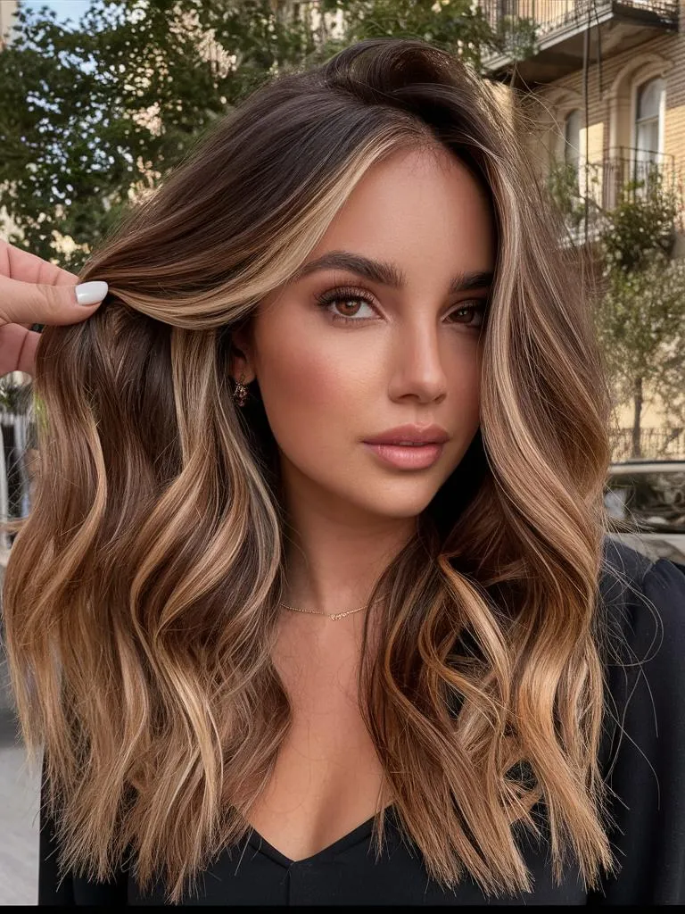 Medium-to-long brunette hair with honey-caramel face-framing highlights, soft curtain bangs, natural loose waves, warm daylight illuminating the front strands, and a front three-quarter portrait.