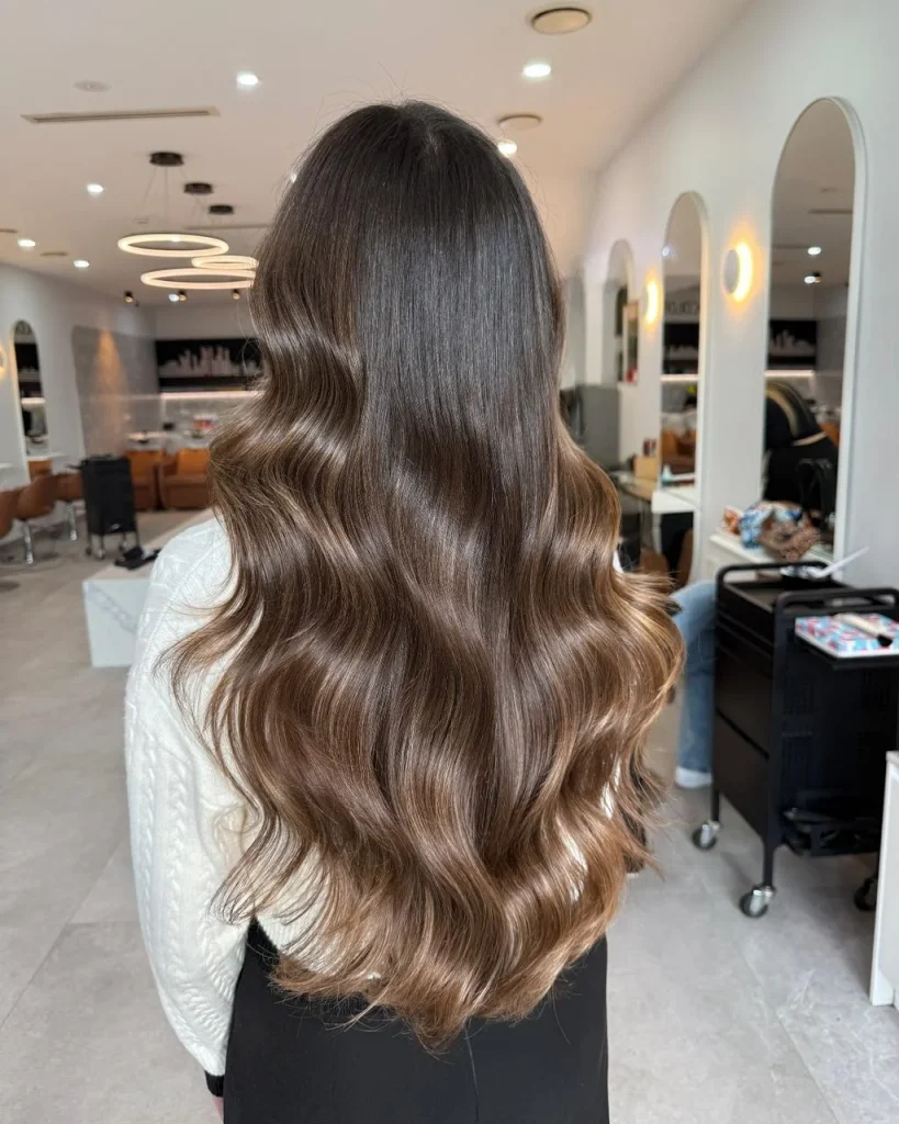 Dark espresso-brown roots melting seamlessly into medium caramel-brown lengths and golden caramel ends, long silky hair with subtle waves, soft studio lighting, and a centered back-view color-detail photograph.