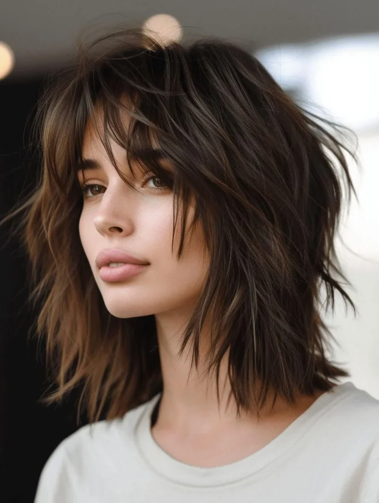 A shoulder-length shag haircut with choppy brunette layers, piecey texture, wispy fringe, and relaxed natural waves, photographed against a neutral background with soft directional lighting and an alternative editorial aesthetic.