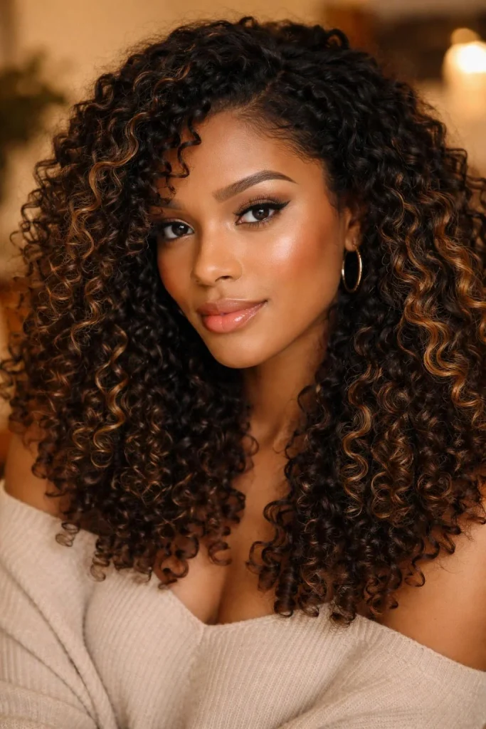 Shoulder-length natural dark-brown curls with strategically placed caramel highlights on individual curl surfaces, defined ringlets, healthy shine, soft side lighting, and a high-resolution salon portrait.