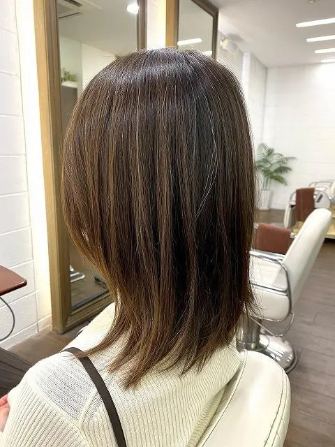 Fine, straight, medium-length light-brown hair with subtle long layers, a softly rounded full-looking perimeter, gentle root lift, and a polished salon blowout photographed in bright natural light.