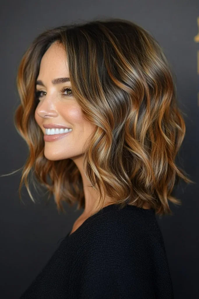 Collarbone-length layered lob in medium brunette with golden-caramel balayage, softly curled ends, airy movement, warm neutral studio background, and a polished front three-quarter fashion-beauty photograph.