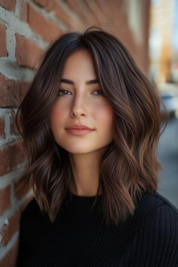 Medium-length espresso-brown hair with long face-framing layers beginning around the cheekbones and blending into shoulder-length ends, soft waves, natural window lighting, and a flattering front three-quarter portrait.
