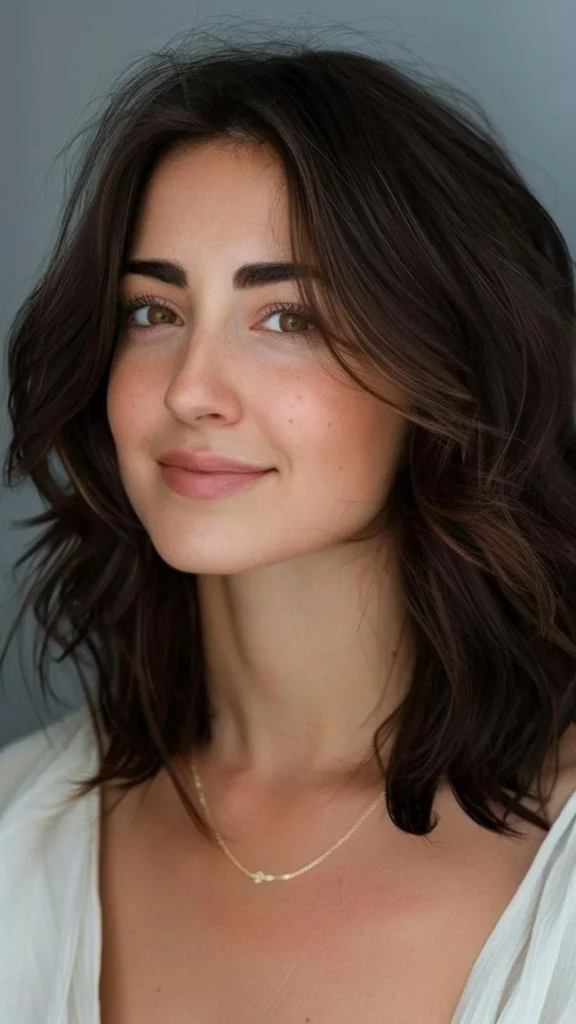 Natural medium-length brunette waves with long blended layers, soft definition, airy movement, and a slightly off-center part, photographed in diffused daylight with realistic texture and minimal retouching.