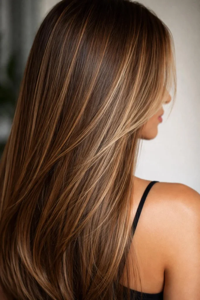 Long medium-brown hair with ultra-fine soft caramel babylights, delicate natural-looking dimension, smooth glossy finish, diffused daylight, and a close-up editorial photograph focused on subtle color detail.
