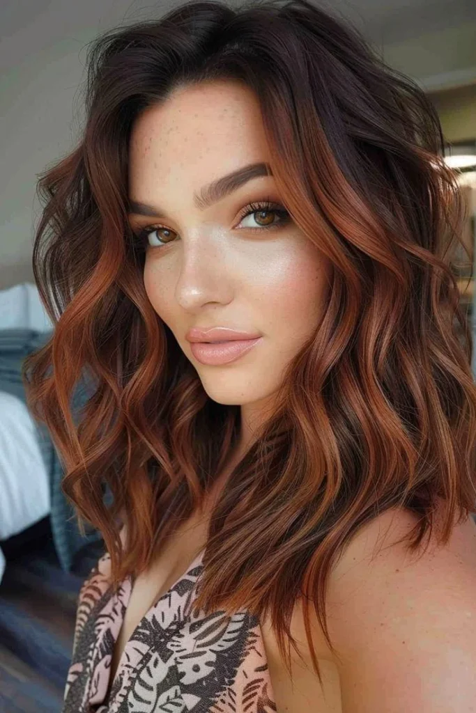 Medium-length chestnut-brown hair blended with copper-caramel highlights, warm auburn undertones, soft textured waves, autumn-inspired golden lighting, and a close-up three-quarter editorial portrait.