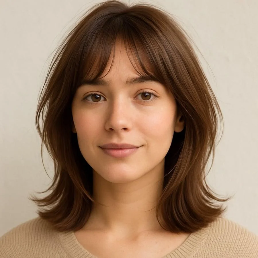Shoulder-length medium-brown hair with delicate wispy bangs, feathered face-framing layers, soft straight-to-wavy texture, and a natural front portrait with gentle window lighting.