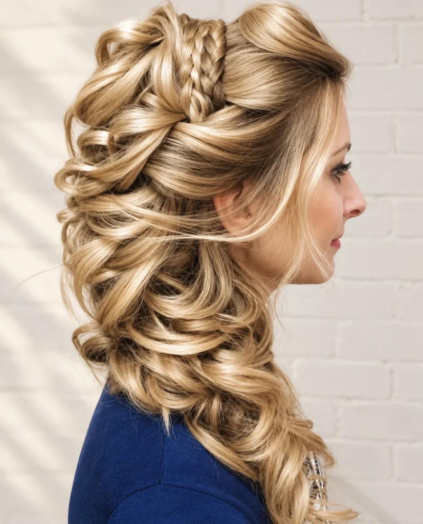 low romantic side bun with wrapped braid and loose face tendrils.