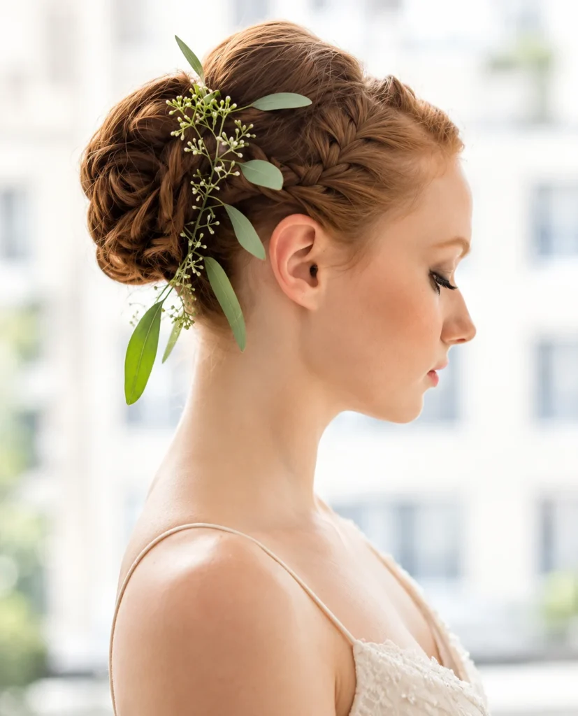 side braid bun with foliage woven through.