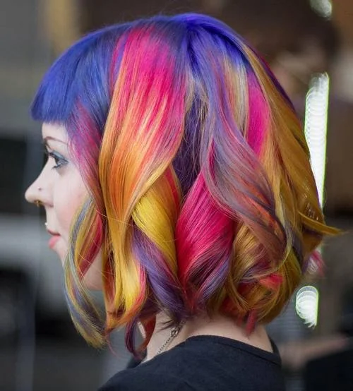 Rainbow lob with bangs in mermaid hair colors