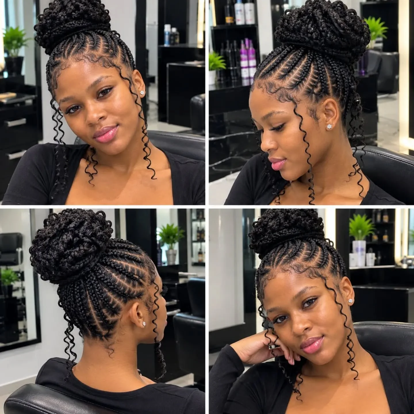 Cornrow bun with long spiral tendrils