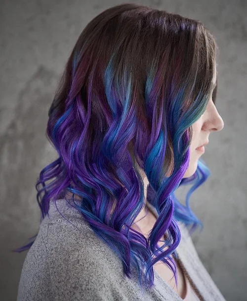 Blue and purple balayage mermaid hair for brown hair