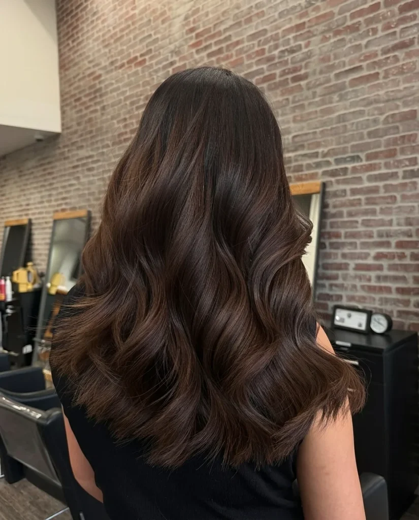 back view of long dark chocolate-brown hair in glossy waves, brick wall salon background