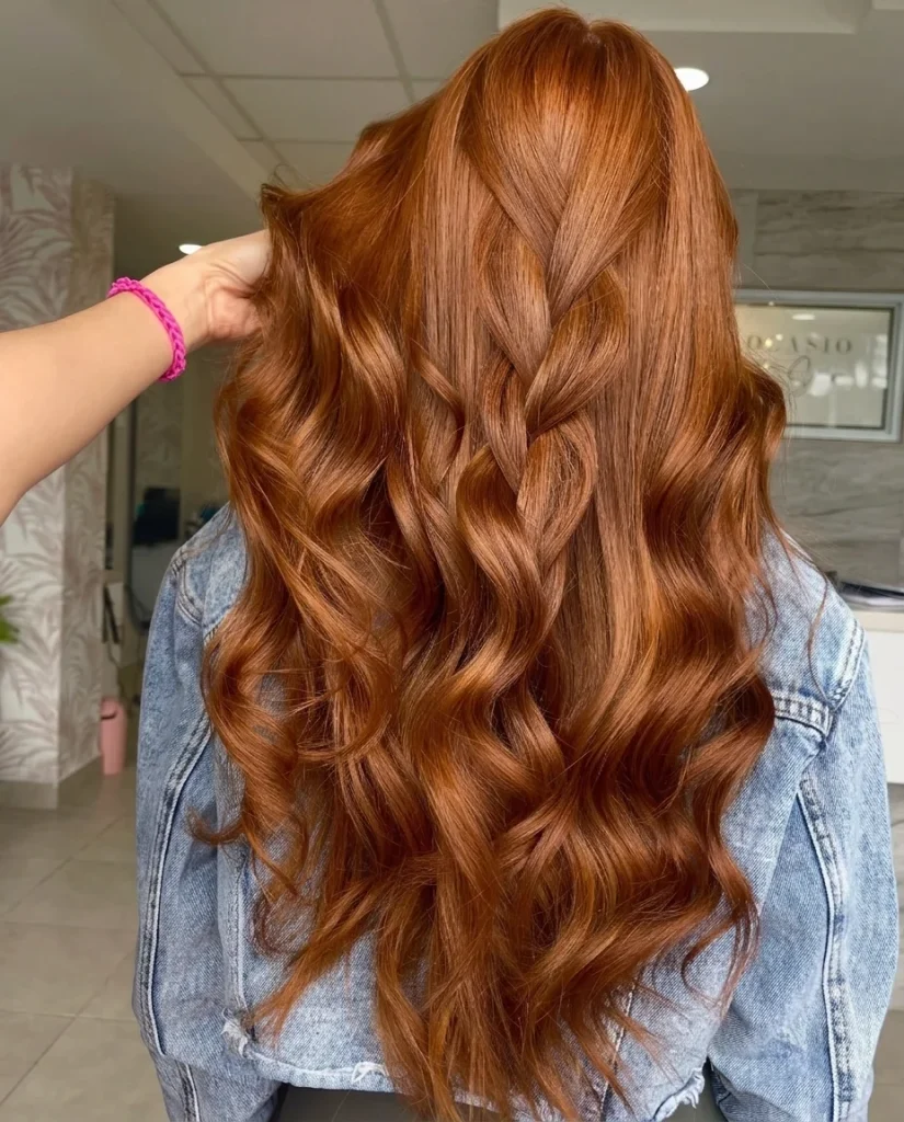 back view of long, glossy ginger-copper waves with a loose half-braid at the crown, denim jacket, bright salon