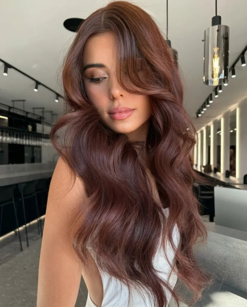 woman with long chocolate-cherry brown waves and a side-swept curtain fringe, soft makeup, modern bar-style interior