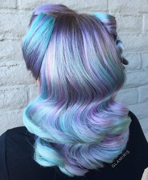 Lavender and mint mermaid hair with retro curls