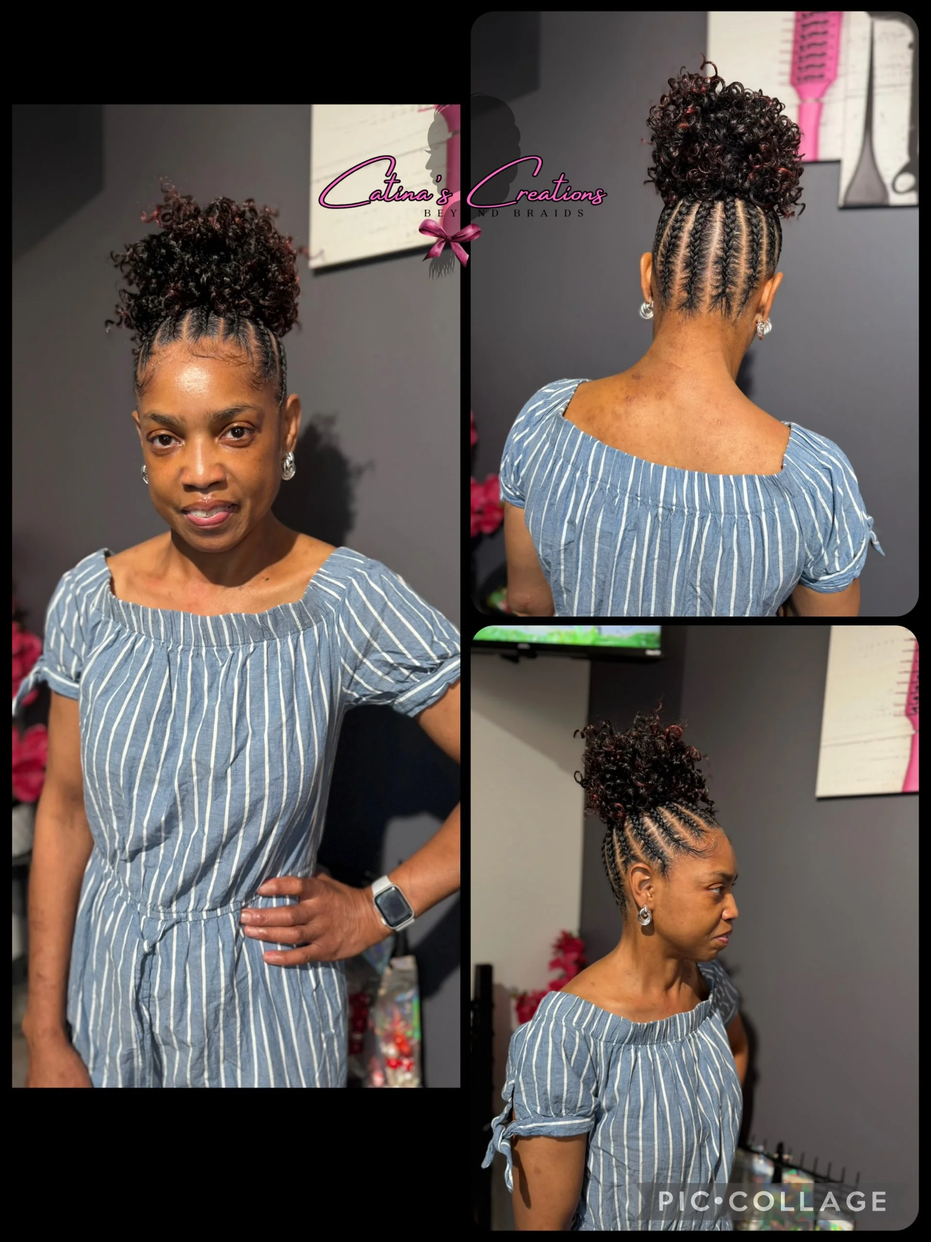 Cornrows with a red highlight curly bun