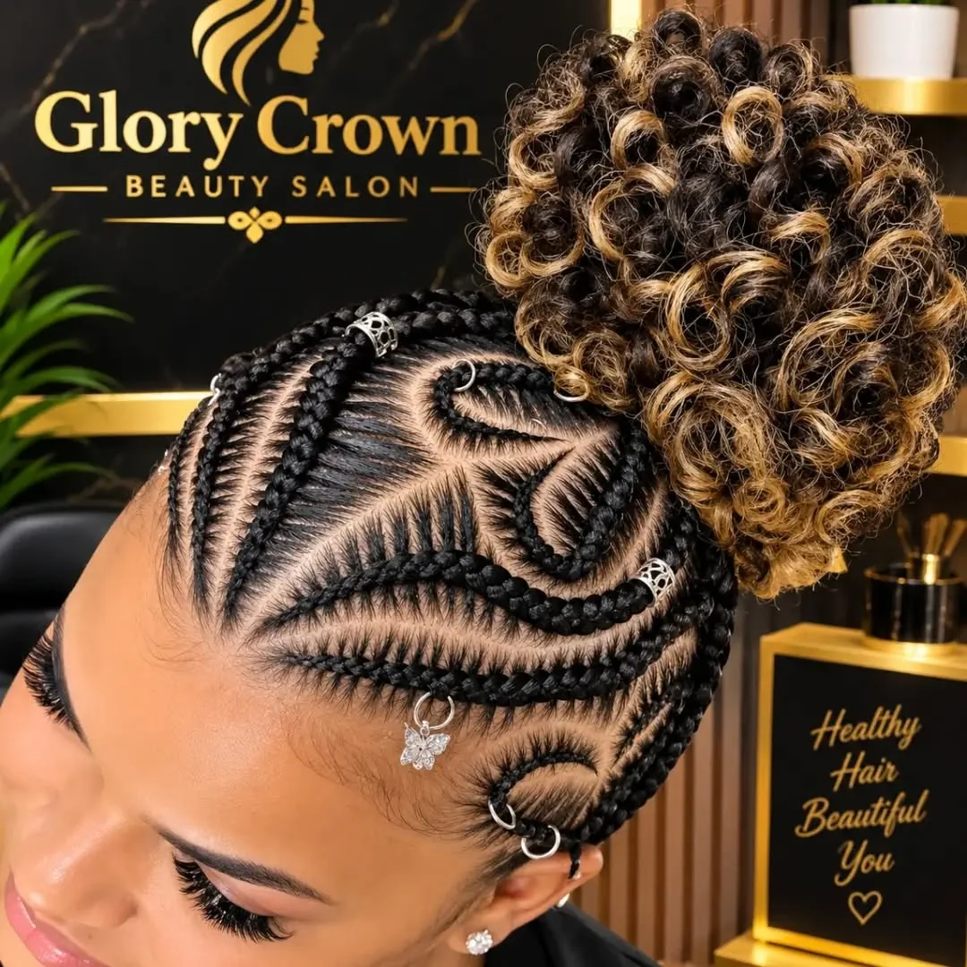 Decorative cornrows with a honey highlight bun