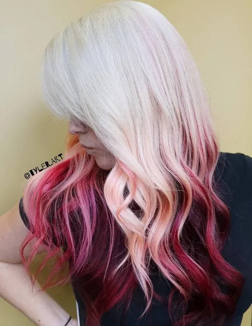 White blonde hair with burgundy dip dye mermaid color