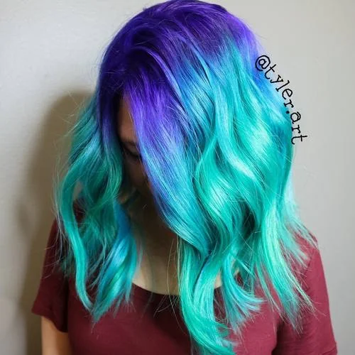 Blue and teal mermaid hair color with darker roots