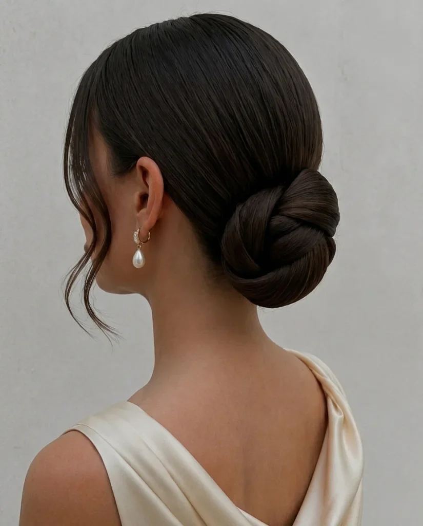 side view of dark-brown hair in a sleek middle part flowing into a low twisted bun, soft face-framing strands, pearl drop earring, cream satin top, plain light wall