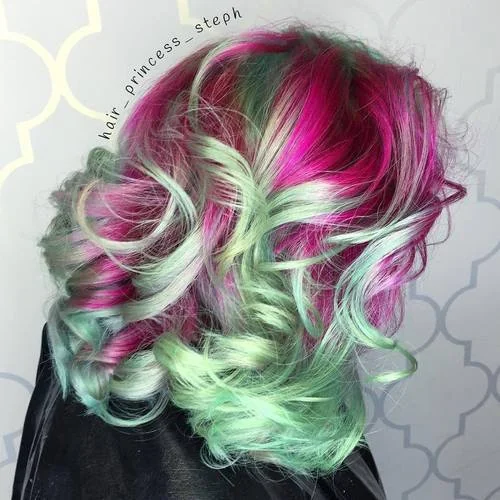 Pink and mint mermaid hair color on a lob