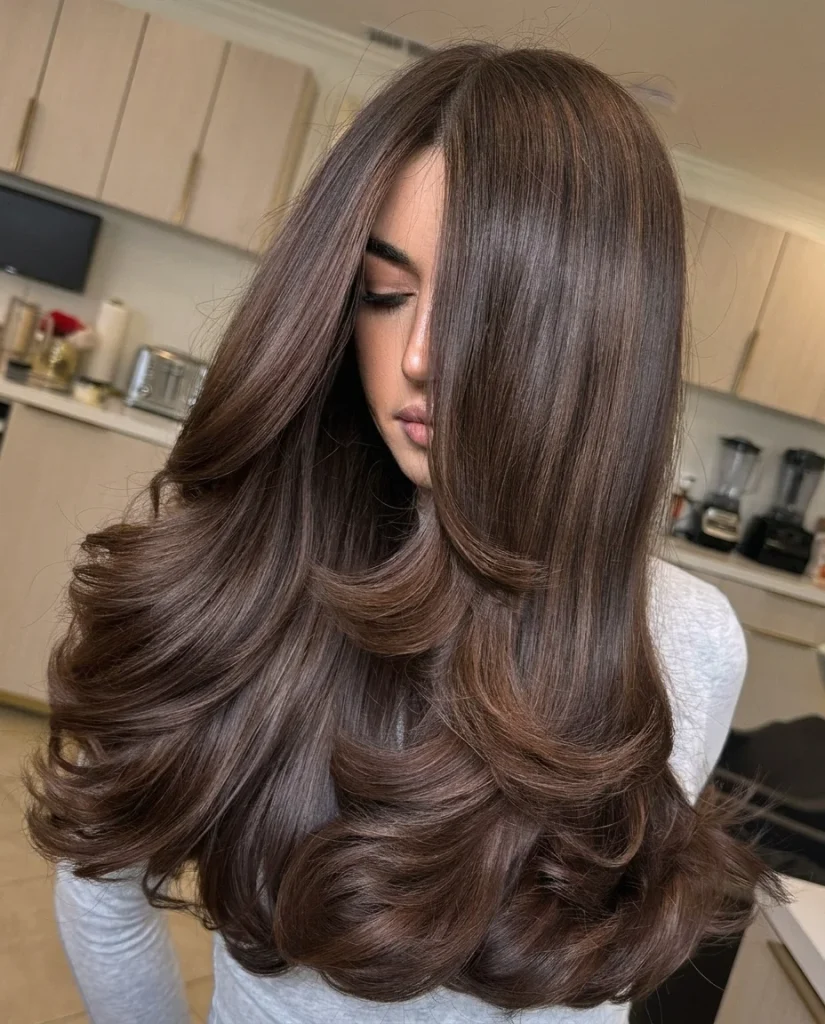 woman with long, voluminous chocolate-brown layered hair swept across her face, glossy bouncy ends, bright kitchen-style interior