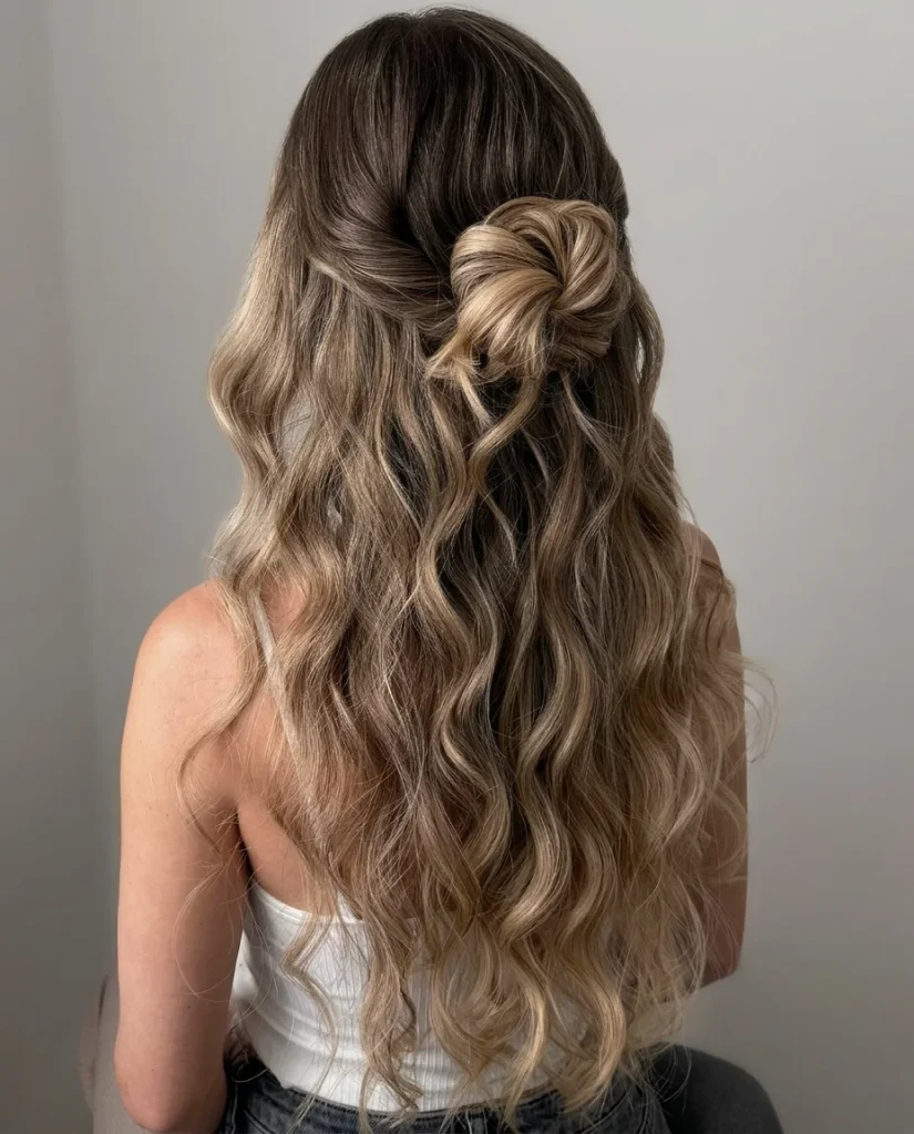 back view of long wavy blonde-brown balayage hair with the top section twisted into a messy half-up knot, white ribbed top, soft grey background