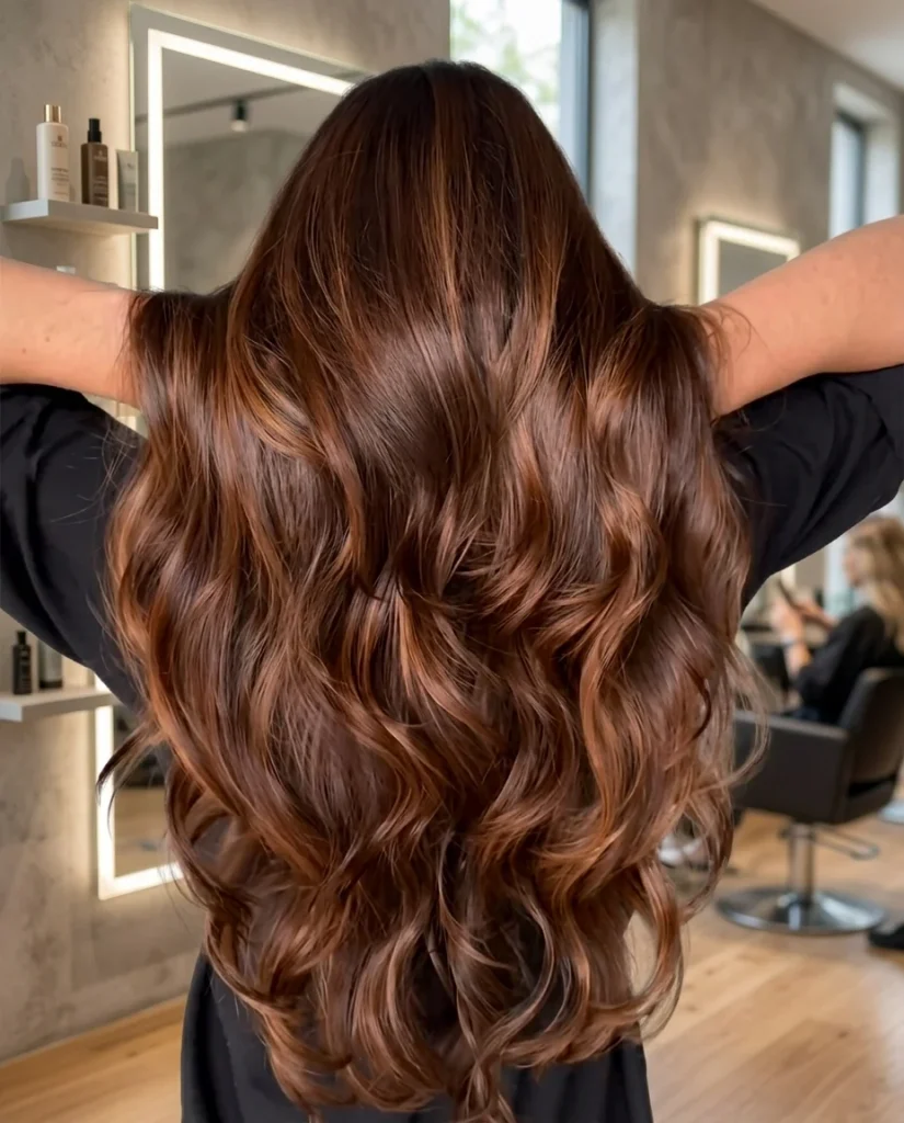 back view of very long, voluminous chestnut-brown waves with caramel highlights, stylist's arms outstretched, bright salon with lit mirrors