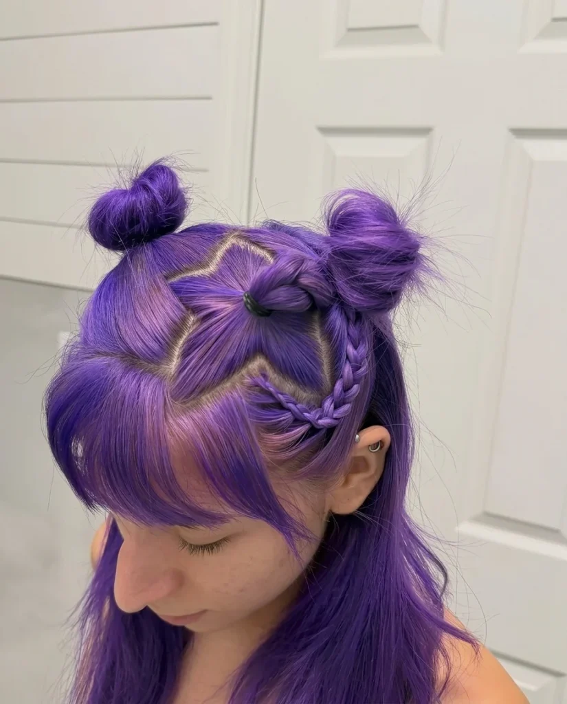 top and side view of vivid purple hair in two high space buns with a braid and a star-shaped parting, long bangs, white paneled door background