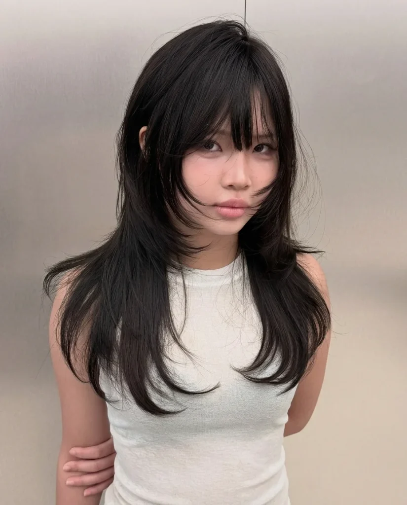 Korean hush cut with long black layers and airy see-through bangs
