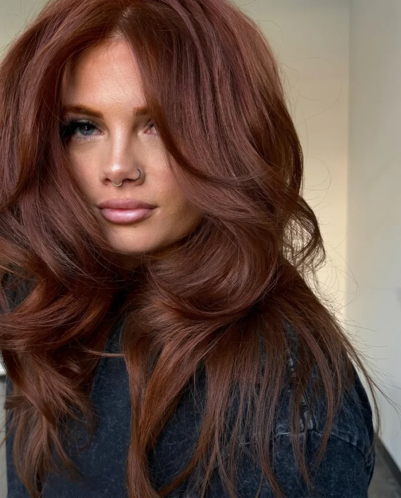 woman with long auburn-chocolate hair in big, bouncy layers and face-framing pieces, soft natural light, neutral background