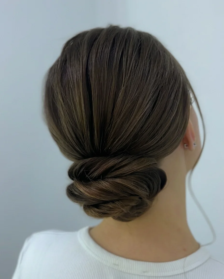 back view of smooth dark-brown hair gathered into a soft, rope-twisted low bun at the nape, silver stud earring, white ribbed tee, pale blue-grey background
