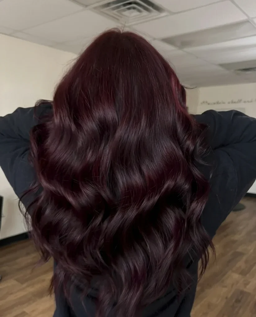 back view of long, glossy black-cherry burgundy hair in deep waves, neutral room with wood floor