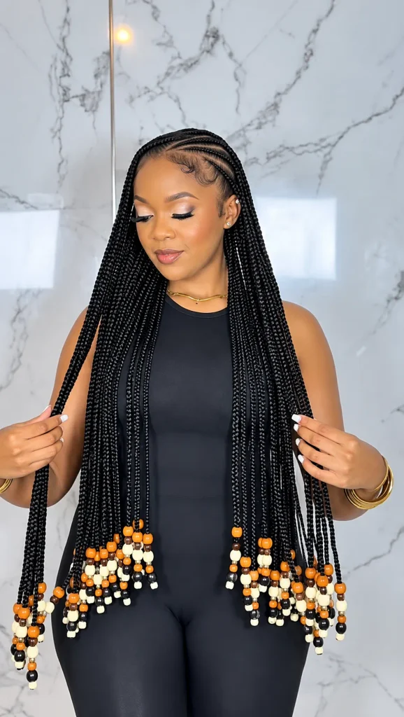 Waist-length Fulani braids with orange, cream and black beads at the ends