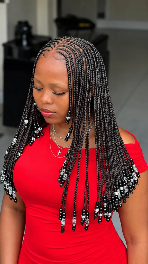 Fulani braids with black beads and silver cuffs on chest-length braids