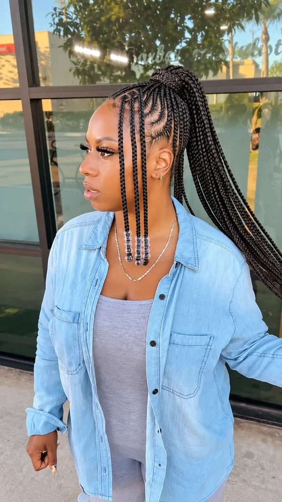 High braided ponytail with three clear-beaded braids framing the face