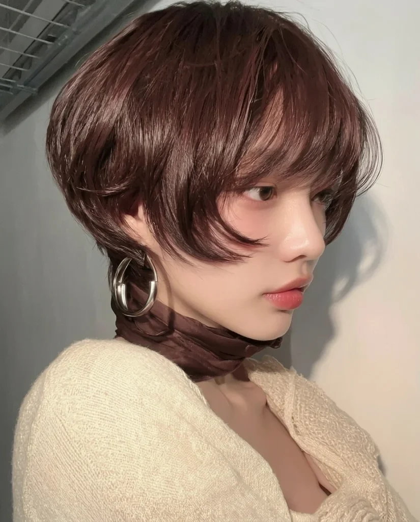 side profile of a woman with a glossy burgundy-brown short layered pixie bob with a long side fringe, silver hoop earring, cream knit top, soft studio light