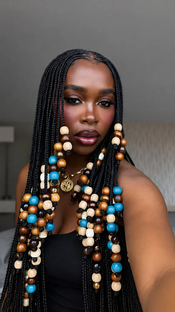 Long box braids with turquoise, brown and cream wooden beads