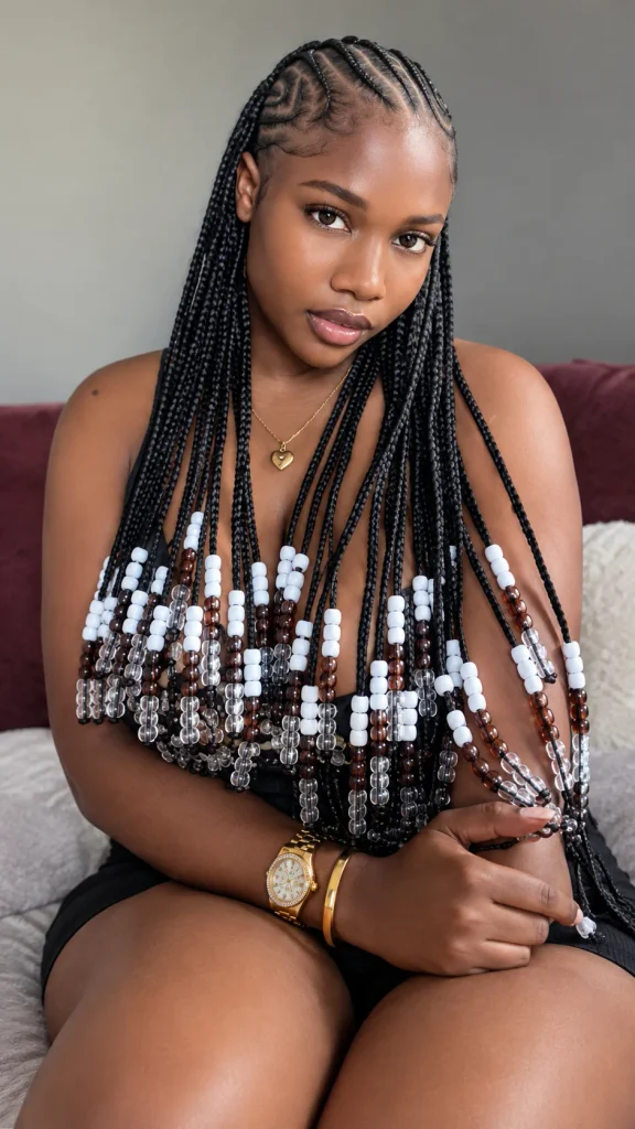 Long braids with white, brown and clear beads in repeating bands