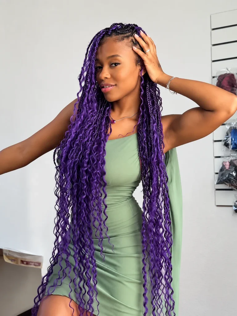 Hip-length purple boho braids with wavy curly strands