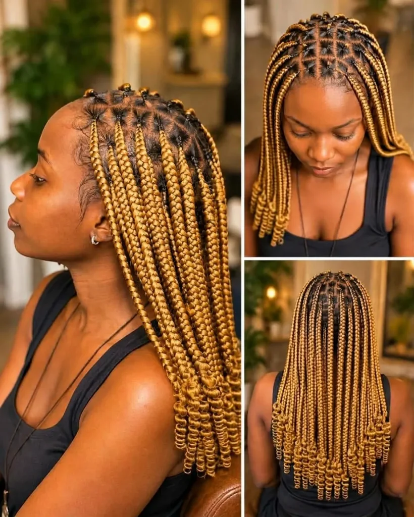 Honey-blonde knotless box braids with spiral curly ends