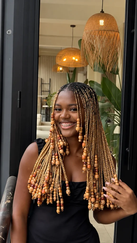 Honey-blonde braids with speckled wooden beads and face-framing braids