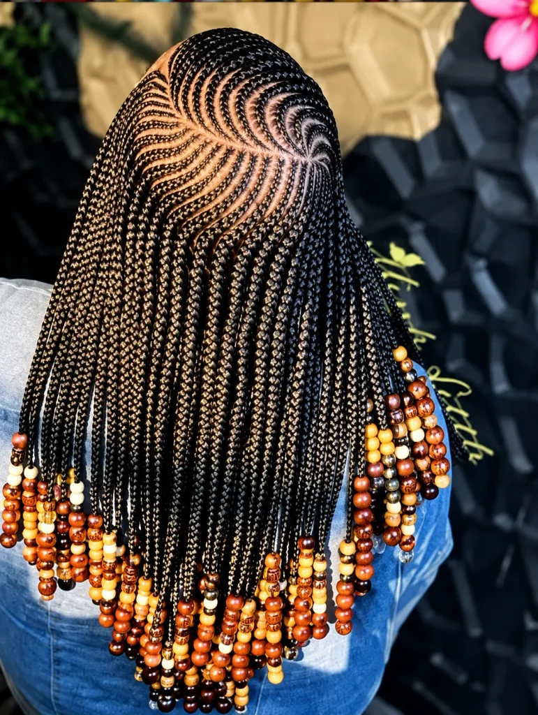 Swirl cornrow braids with orange, brown and cream beads at the ends