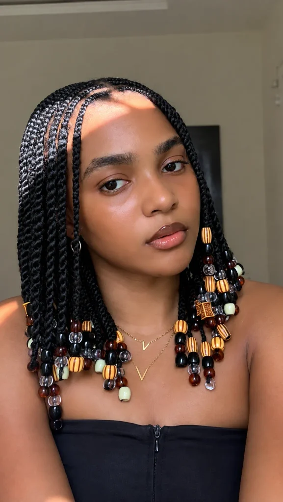 Shoulder-length twist bob with striped amber, black and clear beads