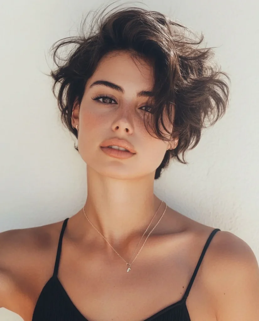 woman with a short, windswept dark-brown textured pixie with volume on top, black camisole, gold necklace, bright white wall, sunlit portrait