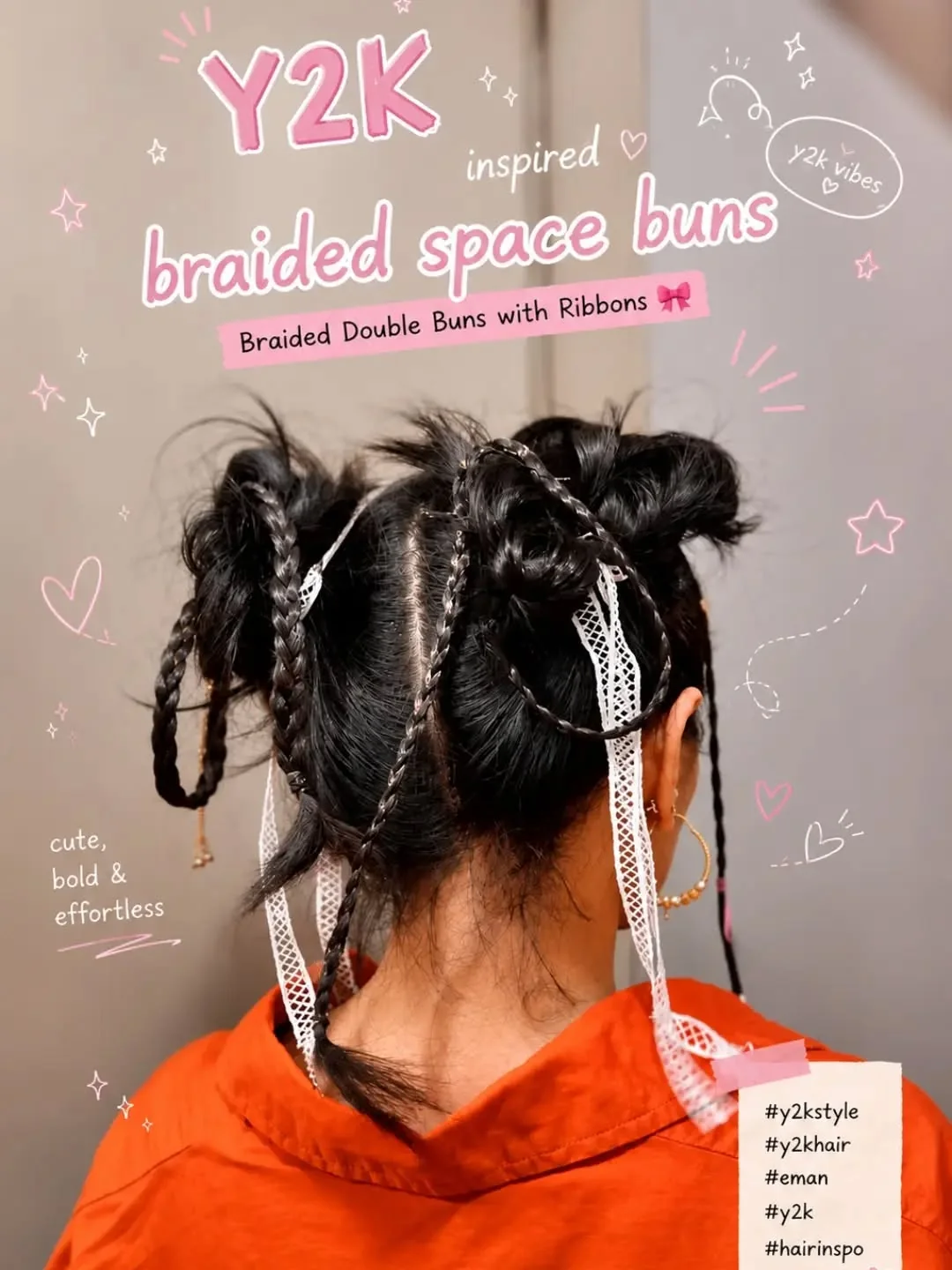 Y2K braided space buns with thin braids and lace ribbons